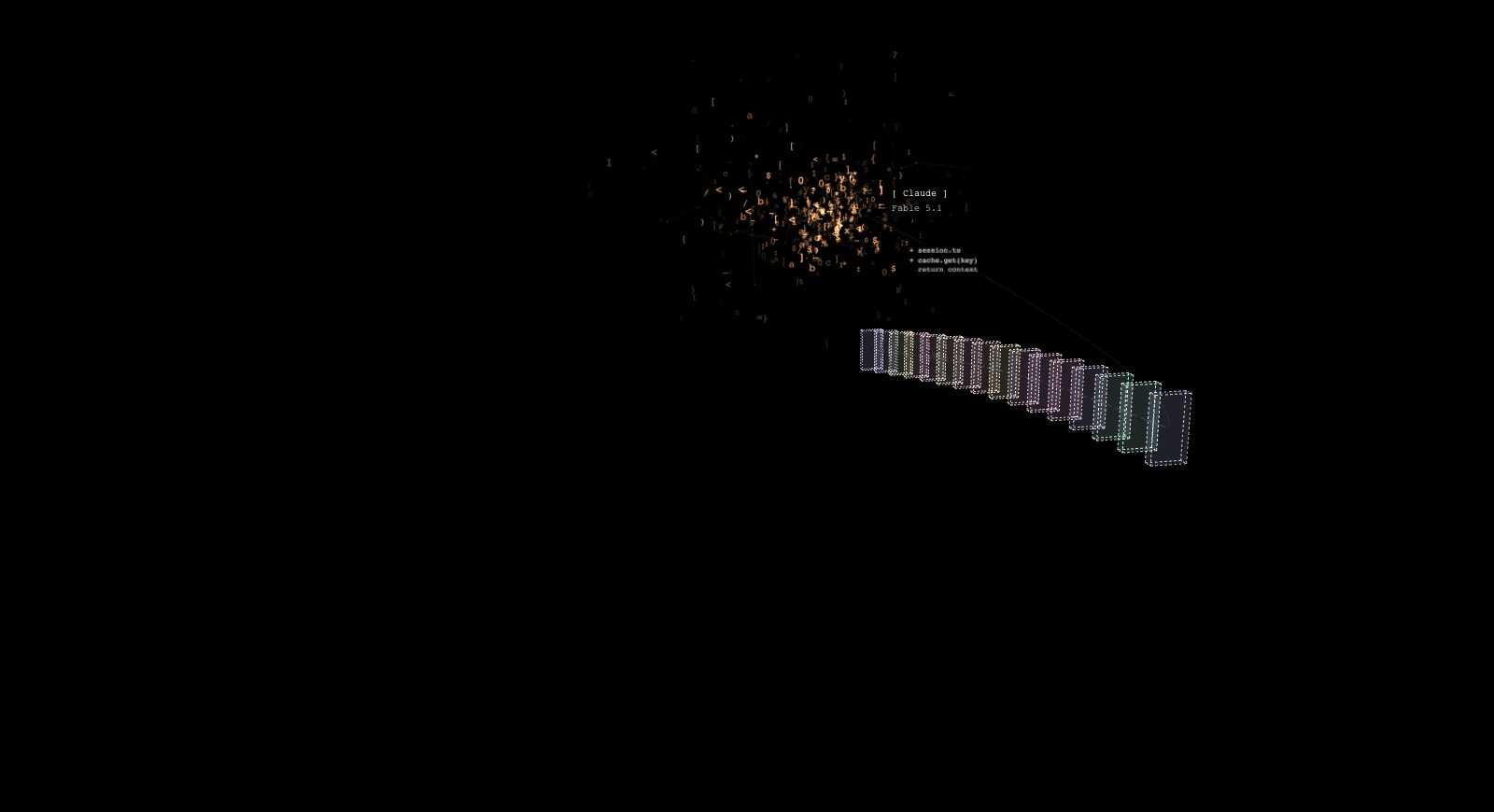 An ASCII agent cloud contributes a new code hunk to a curved chain of transparent blocks.